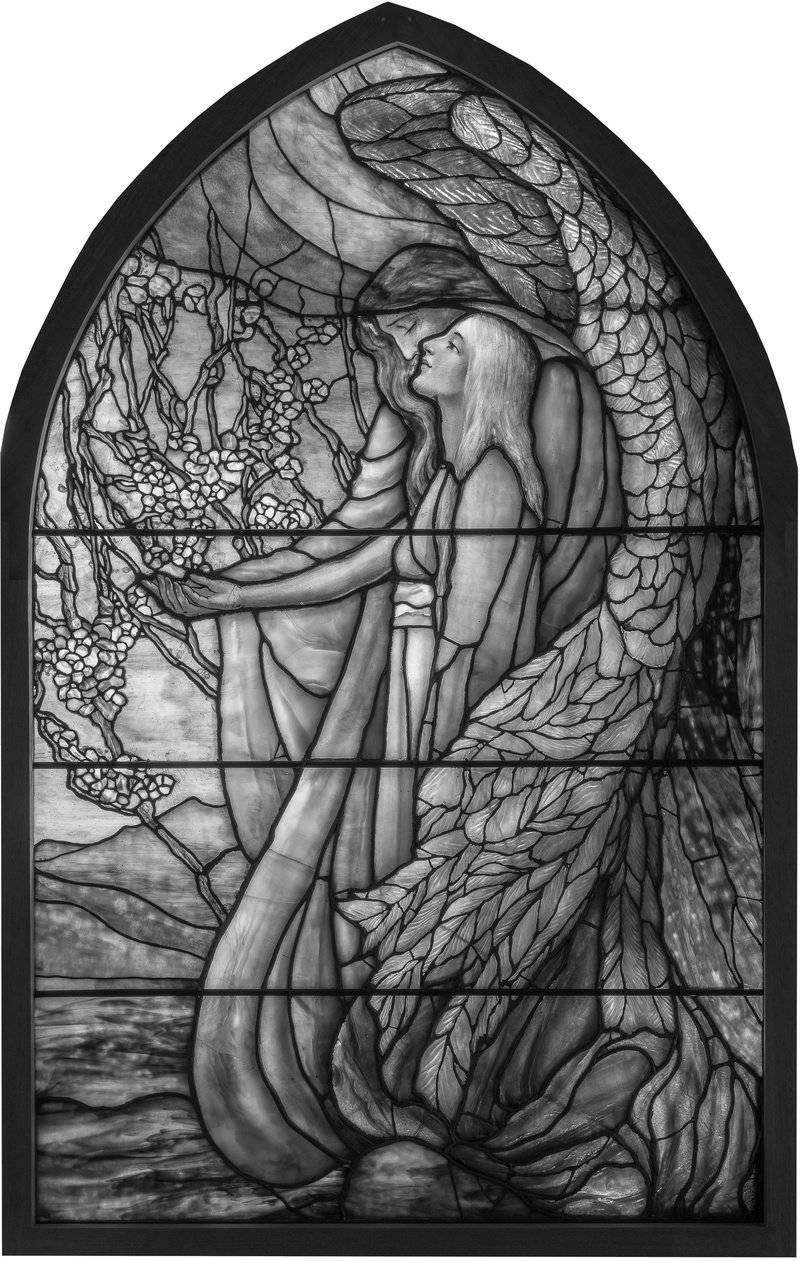 Tiffany Studios, American (1902-1932). Guiding Angel , ca. 1915-1920.Leaded and enameled glass. The Collection of Richard H. Driehaus,Chicago, 40105. Chicago. Photograph by Michael Tropea, 2018.